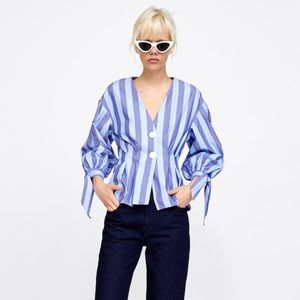Zara blue striped balloon sleeve pleated top